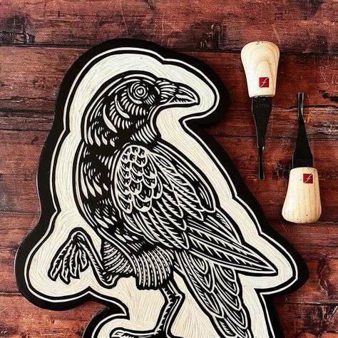 Crow Folk Art, Folk Art Crow, Raven Woodcut, Witch Woodcut, Linocut Crow, Raven Linocut, Crow Linocut, Crow Profile, Wood Cut Tattoo