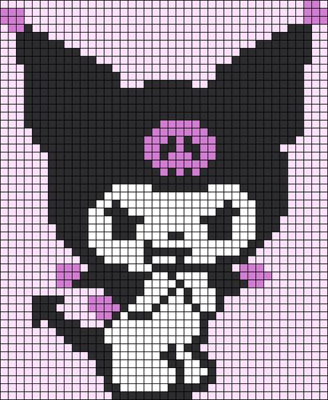 Sanrio Pixel Art Grid Kuromi, Kuromi Grid Pattern, Kuromi Tapestry Crochet, Kuromi And My Melody Pixel Art, Kuromi Pixel Art Grid, Kuromi Pixel Art Small, Kuromi Cross Stitch Pattern, Sanrio Grid Pattern, Kuromi Alpha Pattern