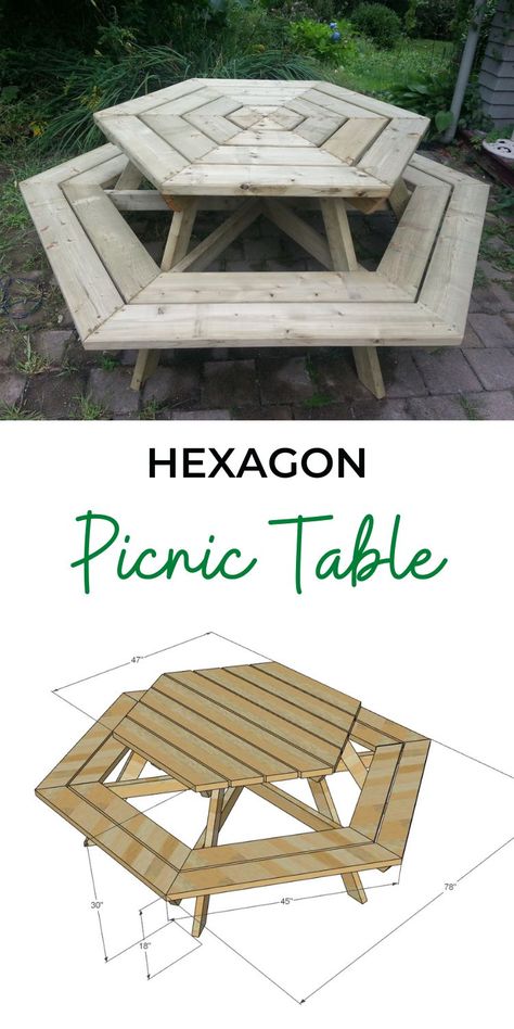 Hexagon Picnic Table, Hexagon Patio Table, Painted Picnic Table Ideas Diy Projects, Diy Patio Table And Chairs, How To Build A Picnic Table, Diy Picnic Table Easy, Diy Table And Chairs, Patio Picnic Table, Octagon Picnic Table Plans