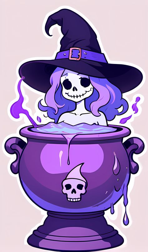 In a mystical ambiance washed in purple and pastel shades, a skeletal witch with flowing lavender hair brews a concoction. Her deep, soulless eyes peer out from beneath a wide-brimmed witch hat, while purple magical wisps rise from the bubbling potion. The cauldron, bearing skull motifs and dripping with excess brew, rests atop a pedestal, emphasizing its significance in her otherworldly ritual. #SkeletalSorcery #PotionPro #MysticMixtures #WitchyWisps #BoneBrews How To Draw Witches Hat, Witch In Cauldron, Halloween Mermaid Art, Lavender Cartoon, Bubbling Potion, Soulless Eyes, Witch Drawings, Cauldron Art, Vampire Games