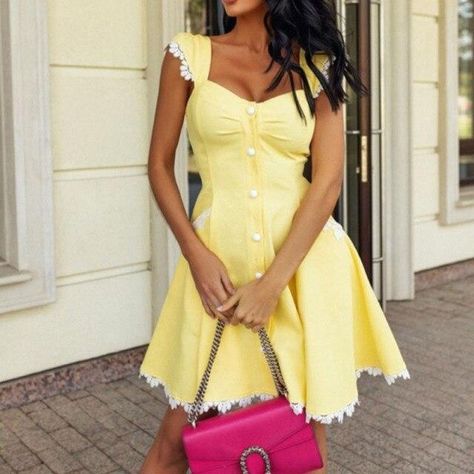 Yellow Short Dress, E Girl Dress, Black Fall Outfits, Lace Bandage Dress, Fall Dress Outfit, Yellow Short, Lace Button, Woman Dress, Long Dress Casual