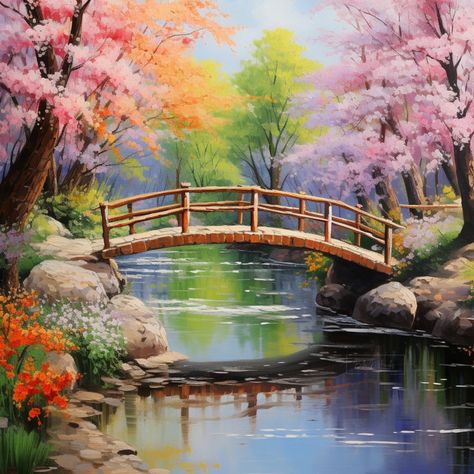 Spring Scenery Landscapes, Spring Scenery Painting, Bridge Scenery, Spring Landscapes, Watercolor Scenes, Bridge Over River, Park Painting, Spring Scenery, Wallpaper Gift