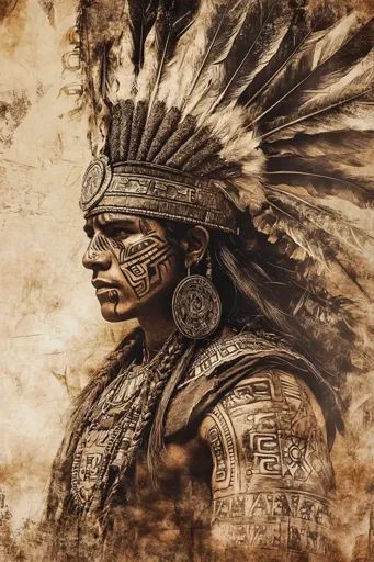 ↑↑↑ Larger size on website 🔸 The image shows a close-up portrait of a Native American man, likely an Aztec warrior, in a sepia to Stoic Expression, Covered In Tattoos, Native American Warrior, Native American Images, Native American Men, Aztec Warrior, Close Up Portraits, Historical Images, Traditional Attire