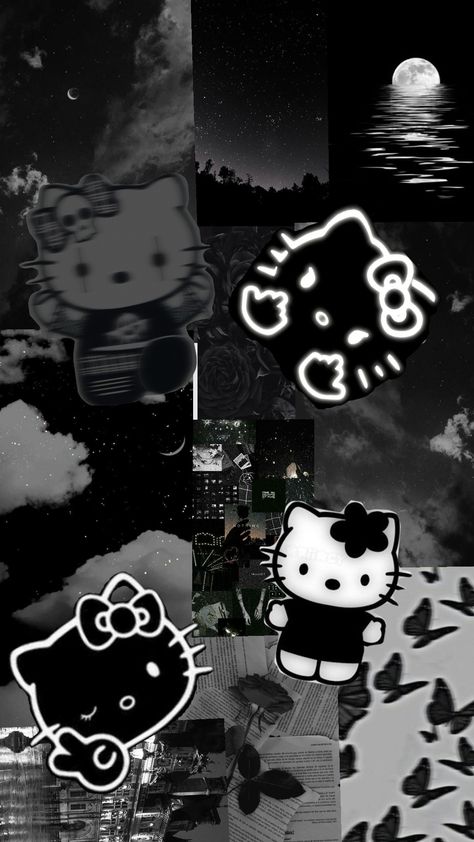 White And Black Hello Kitty Wallpaper, Cute Wallpapers In Black, Hello Kitty Goth Wallpaper, Hello Kitty Wallpaper Emo, Dark Goth Wallpaper, Dark Hello Kitty Aesthetic, Dark Hello Kitty Wallpaper, Black Hello Kitty Wallpaper, Hello Kitty Dark