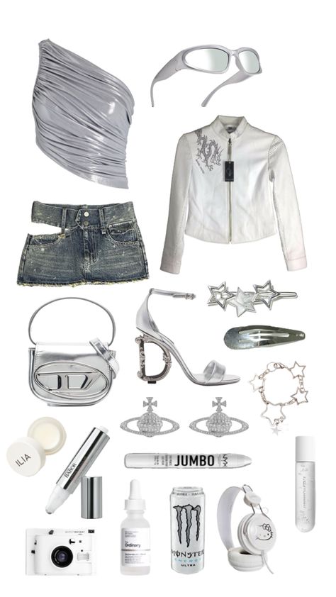 #silver #white #beauty #fashion #outfit #outfitinspo White And Silver Outfits For Women, Chrome Silver Outfit, White And Silver Concert Outfit, Silver Theme Outfit, Silver Hair Outfit Ideas, Y2k Silver Outfits, Silver White Outfit, Silver Rave Outfit, Silver And White Outfit