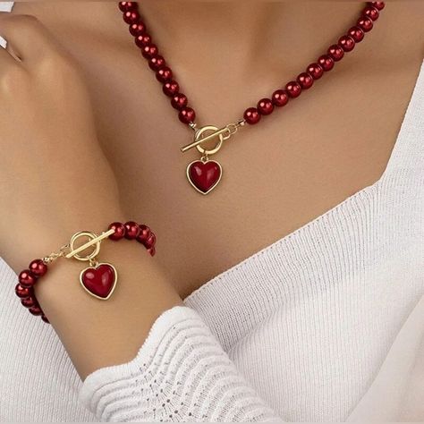 Red Jewelry Set, Toggle Necklace, Pearl Jewelry Sets, Color Beads, Red Jewelry, Beaded Collar, Elegant Pendant, Fashion Jewelry Sets, Necklace And Bracelet