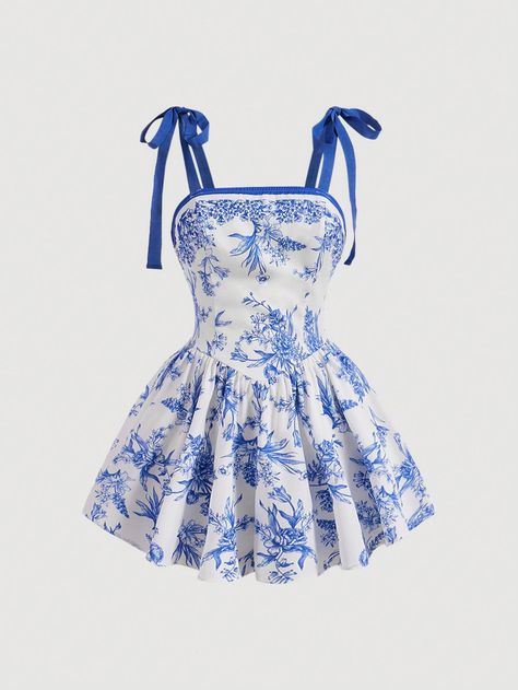 SHEIN MOD Printed Knot Shoulder Strap RomperI discovered amazing products on SHEIN.com, come check them out! Cute Dress Outfits, Blue And White Dress, Chic Outfit, Fabric Floral, Kpop Fashion Outfits, Really Cute Outfits, Casual Style Outfits, Kpop Fashion, Teen Fashion Outfits