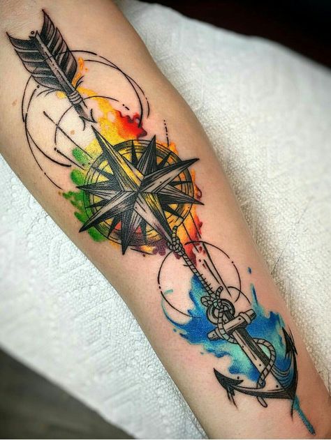 Tato Lengan Bawah, Watercolor Arrow Tattoo, New School Tattoos, Tattoos Masculinas, Tato Maori, Element Tattoo, Tattoo Placements, Colorful Tattoo, Tato Lengan