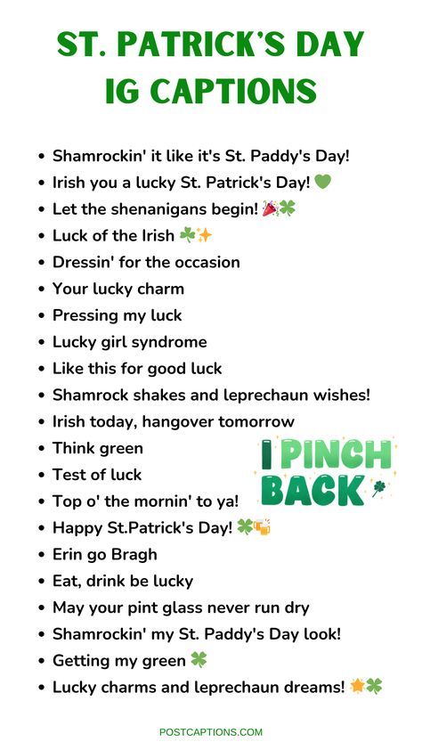 Best St. Patrick's Day Instagram Captions St Patrick's Day Captions, St Patrick’s Day Insta Captions, St Pattys Day Captions For Instagram, St Patrick’s Day Quotes, Captions For Instagram Selfies, St Patrick Quotes, St Patricks Day Outfits, Patrick Quotes, Old Irish Blessing