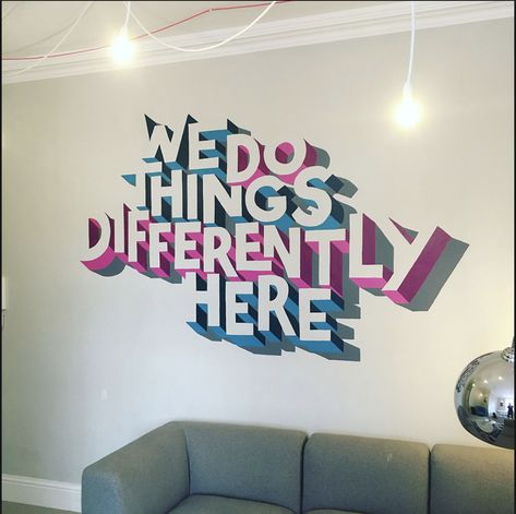 Graphic Designer Office Decor, Wall Murals Quotes, Creative Wall Design Office Art Ideas, Wall Graphics For Office, Wall Murals Office Work Spaces, Creative Office Wall Design, Creative Office Wall Ideas, Office Wall Branding Ideas, Wall Typography Design