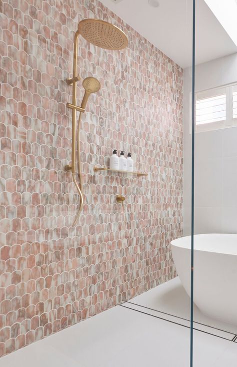 The Block Bathroom, Driveway Ideas Cheap, Underfloor Insulation, Reece Bathroom, Simple Bathroom Renovation, Tile For Bathroom, Pink Tile, Tiles Ideas, Pink Tiles