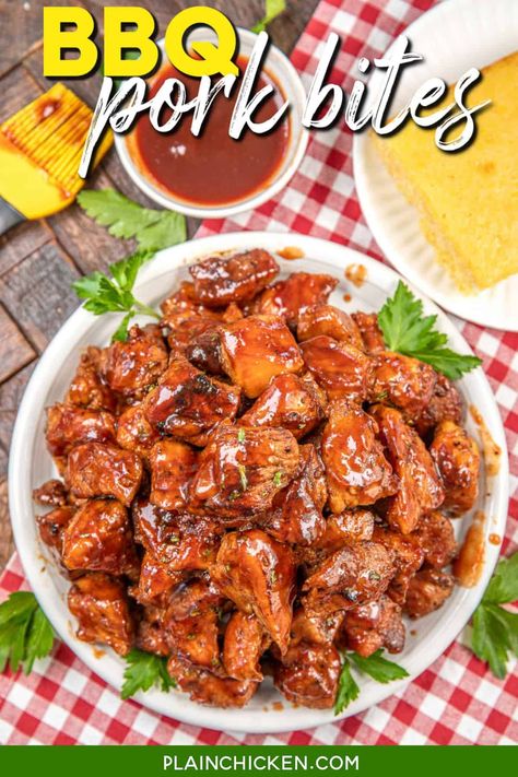 Pork Tenderloin Bites, Baked Bean Casserole, Plain Chicken Recipe, Bbq Pork Tenderloin, Pork Bites, Pork Tenderloins, Slow Cooker Casserole, Pork Recipes For Dinner, Tangy Bbq Sauce