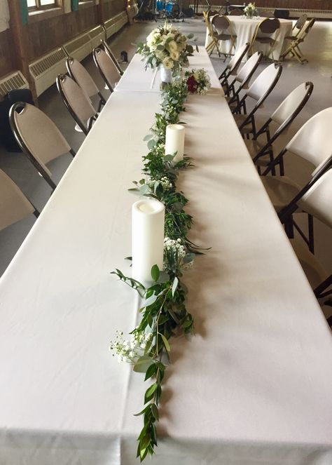 this is similar to the general look for near candles - but not as a garland, more as a general clustering centered in the candles Simple Garland, Ideas Minecraft, Orange Garland, Wedding Table Decorations, Long Table, Wedding Table Settings, Wedding Table Centerpieces, Greenery Wedding, Diy Wedding Decorations