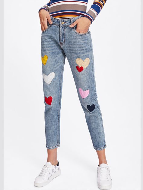 Shop Heart Embroidered Patches Jeans online. SheIn offers Heart Embroidered Patches Jeans & more to fit your fashionable needs. Patches Jeans, Diy Pants, Denim Embroidery, Diy Vetement, Custom Jeans, Painted Jeans, Denim Diy, 자수 디자인, Painted Denim