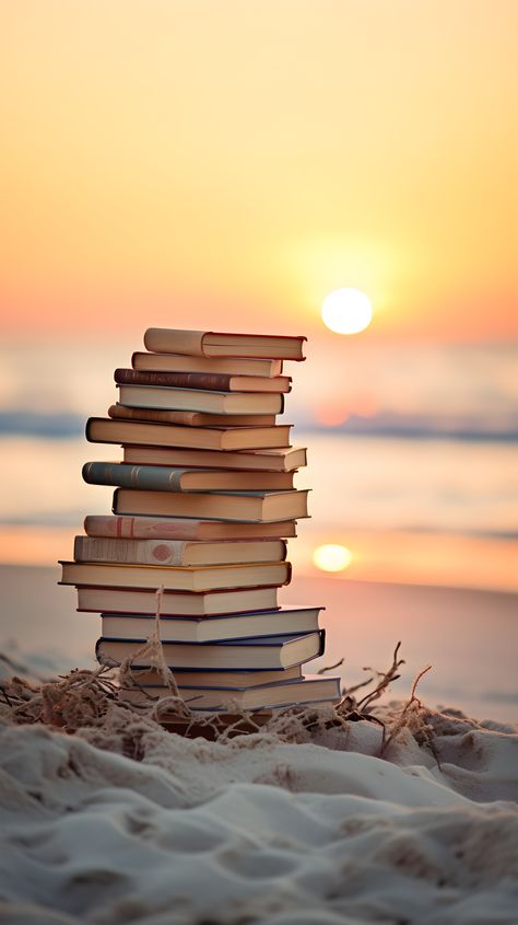 A mesmerizing wallpaper displaying a stack of old books against a stunning sunset on the beach, offering a serene and nostalgic phone background. Image Girly, Book Background, Book Wallpaper, Sunset Wallpaper, Backgrounds Phone Wallpapers, Cute Wallpaper For Phone, Phone Wallpaper Images, Pretty Wallpapers Backgrounds, Jolie Photo