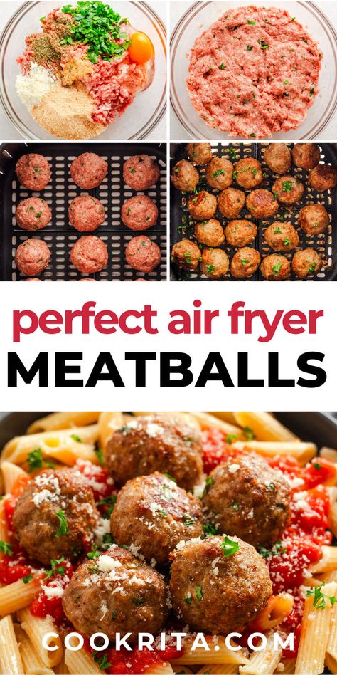 Ground beef and pork are mixed with bread crumbs, Parmesan, and Italian seasoning to create these tender and juicy air fryer meatballs! Perfect for any meal. #JuicyMeatballs #AirFryer #BeefAndPork #ItalianSeasoning #Delicious Ground Pork Meatballs, Air Fryer Beef, Air Fryer Meatballs, Air Fryer Recipes Beef, Ground Beef Meatballs, Fall Crockpot Recipes, Italian Meatballs Recipe, Healthy Ground Beef, Healthy Italian