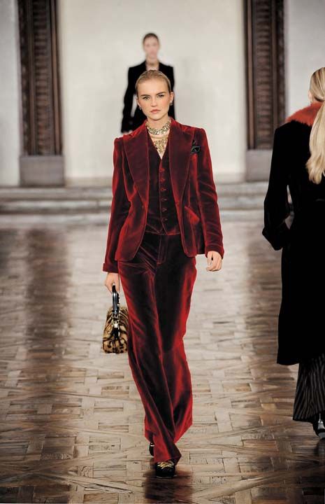 Ralph Lauren Collection Velvet Suit Jacket, $2,998, vest, $1,098, and pants, $1,498, at Ralph Lauren select stores; ralphlauren-collection.com. Red Vogue, Red Velvet Suit, Velvet Suit Design, Velvet Suit Jacket, Vogue Models, Velvet Clothes, Velvet Suit, Prom Suits, Pants Suit