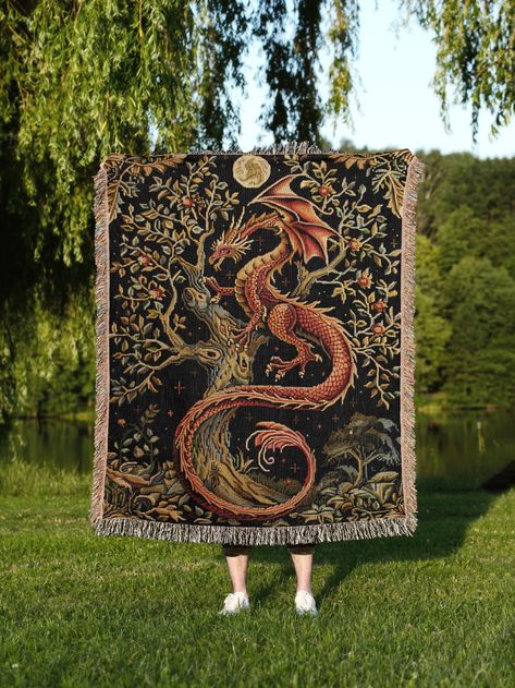 Medieval Aesthetic Dragon Woven Blanket Fairytale Inspired Wall Hanging Rug Fairycore Decor Botanical Fantasy Lover Cotton Gift - Etsy Lotr Home Decor, Medieval Blanket, Medieval Wedding Decorations, Dragon Room Decor, Elven Bedroom, Fantasy Room Decor, Fairycore Decor, Fantasy Home Decor, Aesthetic Dragon