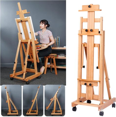 Multi-Function Studio Easel Solid Beech Wood Easel Adjustable Painting Canvas Holder Stand Tilts Flat Artist Easel with Locking Caster Wheels Canvas Holder Stand, Canvas Holder, Artist Chair, Studio Easel, Diy Easel, Painting Corner, Floor Easel, Drawing Kits, Artist Easel