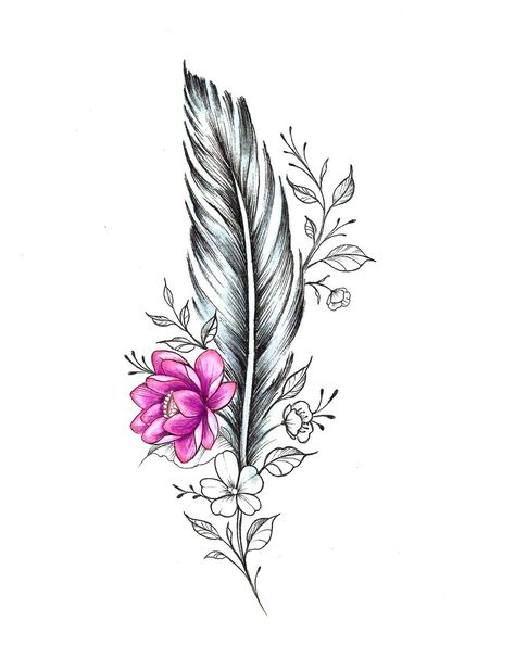 Single feather with a touch of flowers and leaves. Peony And Feather Tattoo, Lotus Feather Tattoo, Feather Flower Tattoo, Feather And Flower Tattoo, Fine Line Illustration, Water Lily Tattoos, Memory Tattoos, In Loving Memory Tattoos, Peace Tattoos