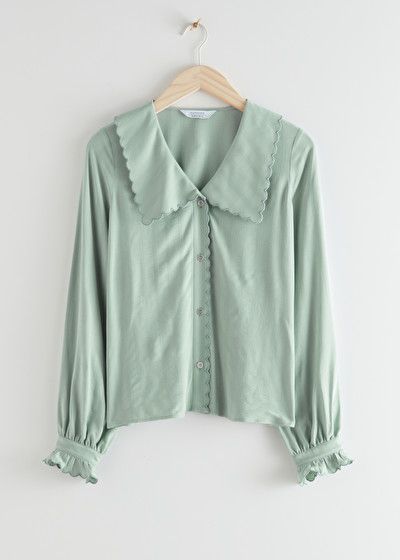 Light Green Blouse, Scallop Collar, Statement Collar, 카드 디자인, Casual Wear Dress, Fashion Tops Blouse, Chic Blouses, Fashion Capsule, Collar Top