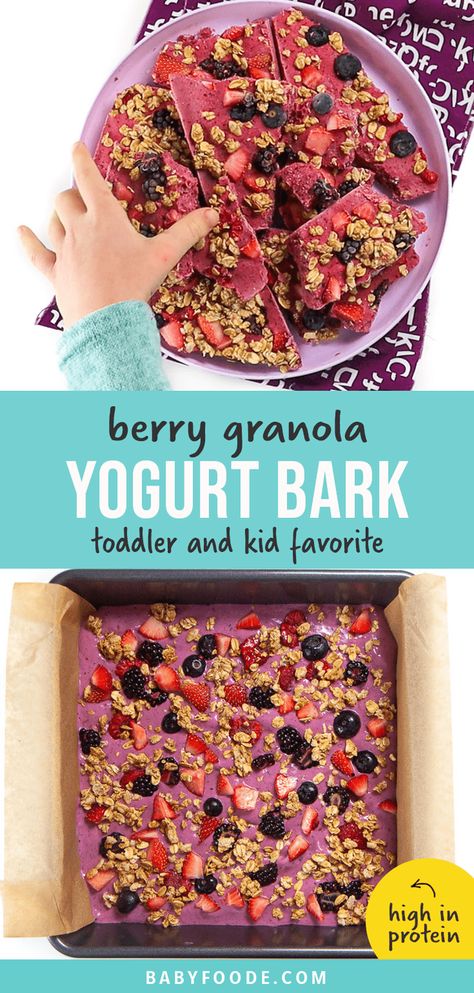 This yummy Berry Granola Yogurt Bark is perfect for breakfast, snacks or dessert for your toddler or kids. Made with 4 simple ingredients, it only takes 5 minutes to make a batch of this healthy sweet treat that kids love! #toddler #kids #yogurtbark #snack #breakfast #easy Yogurt Bark Healthy, Bark Healthy, Berry Granola, Yogurt Bark, Healthy Sweet Snacks, Yogurt And Granola, Healthy Sweet Treats, Snacks Saludables, Toddler Snacks