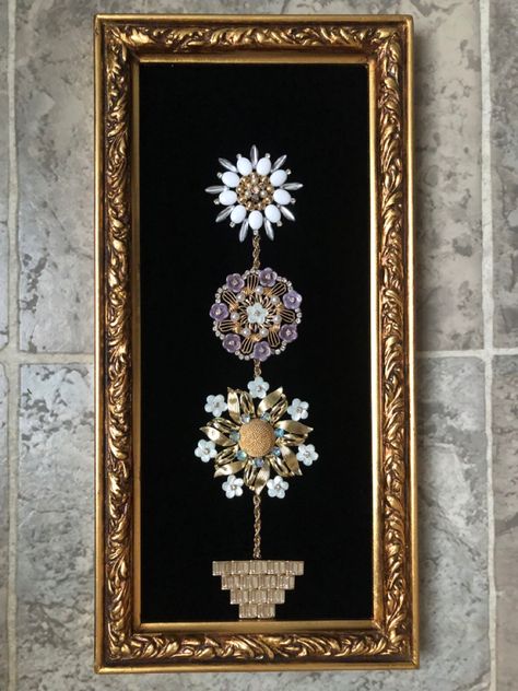 Measurements are 15.75 x 7.75 x .75 Displaying Vintage Jewelry, Pictures Made From Old Jewelry, What To Do With Old Jewelry, Jewelry Pictures Ideas, Things To Make With Old Jewelry, Old Jewelry Repurposed, Jewelry Art Ideas, Vintage Jewellery Crafts, Jewelry Tree Craft