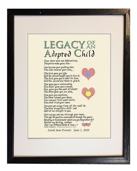 Designed especially for single parents, this is my version of the classic poem for adopted children, personalized with their name and either a birth or adoption date.  Available in an 8" x 10" black frame with a  mat of ivory. The back comes with an easel for standing and a strong hanger.   You will be really pleased with the professional matting and framing, which enhances the beauty of your gift.  I will personalize with the child's name and a date.   FREE JACQUELINE ORIGINAL GREETING CARD! You are dealing directly with the artist/calligrapher, so feel free to call me at 303-246-5136, or email, jackie@n6media.com, or send an Etsy convo.  I will be happy to hear from you! For an additional four dollars, I will wrap your gift and hand write a card. Free personalization.. See Options.   I s Adoption Poems, Wedding Prayer, Adopted Children, Classic Poems, Single Parents, Adoption Gifts, Hinged Frame, Single Parent, Adopting A Child