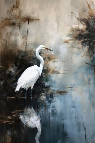 size: 18x12in Giclee Print: Egret in Lake by Treechild : Lake Art, Lake Wall Art, Large Canvas Prints, Paper Print, Big Canvas Art, Great Big Canvas, Silver Leaf, Black Light, Canvas Print Wall