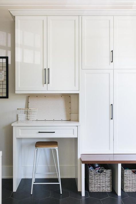 Mudroom with Built In Desk with Wood and White Metal Stool - Transitional - Laundry Room Built In Desk In Kitchen, Desk In Kitchen, Shabby Chic Laundry Room, White Mudroom, Transitional Laundry Room, Grey Laundry Rooms, Mudroom Cabinets, Kitchen Built In, Cabinets Design