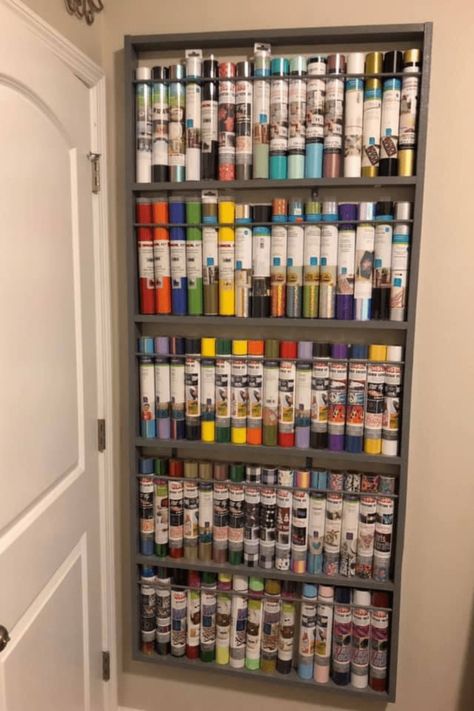 Organize Cricut Vinyl, Vynal Storage Ideas, Cricut Supply Storage, Circuit Vinyl Storage, Vinyl Craft Storage, Storing Cricut Vinyl Rolls, Cricut Vinyl Organization, Organize Vinyl Rolls, Htv Vinyl Storage Ideas