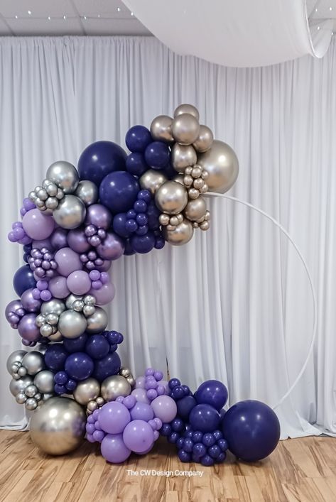 Purple Blue Silver Balloon Garland, Purple And Blue Balloon Garland, Purple And Silver Balloon Arch, Purple And Silver Balloon Garland, Circle Arch Balloons, 21st Aesthetic, Purple Balloon Garland, Engagement Party Balloons, Lavender Balloons