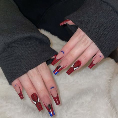 Spidernails Design, Spiderman Nails Coffin, Red Nails Spiderman, Spiderman Valentines Nails, Spiderpunk Nails, Spiderman Nails Acrylic Short, Cute Spiderman Nails, Spiderman Nail Designs, Simple Spiderman Nails