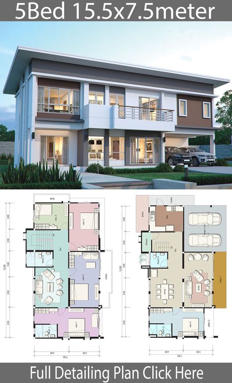 House Design Plan 15.5x10.5m With 5 Bedrooms - Home Design With Plan Double Storey House Plans, Nordstrom Boots, House Design Plans, 5 Bedroom House Plans, Pelan Rumah, Double Storey House, 2 Storey House Design, House Plan Gallery, House Construction Plan