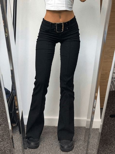 Buckle Belted Flare Leg Pants - AnotherChill Retro Trousers, Black Bootcut Jeans, Black Flare Pants, Black Flare, Looks Street Style, Flare Leg Pants, Mein Style, Straight Trousers, Mode Inspo