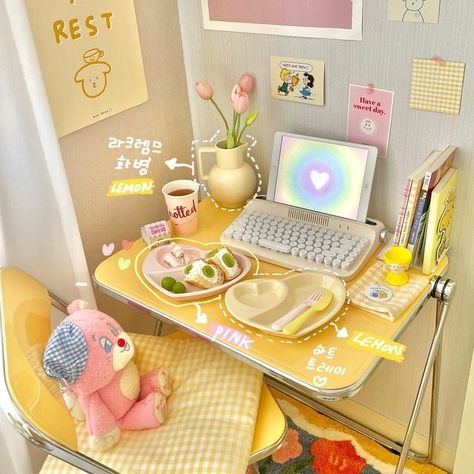 Yellow Desk, Desk Tour, Study Desk Decor, Desk Layout, Pink Desk, Pink Lemon, Work Station, Apartment Decor Inspiration, Sweetest Day