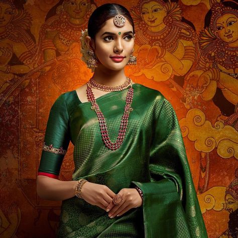 There is one place that unravels unique trends of traditional bridal couture, bringing to you exquisite, handpicked Kanjeevaram sarees that… Kanjeevaram Sarees, Advertising Fashion, Kerala Bride, Pattu Saree Blouse Designs, Khadi Saree, Antique Jewellery Designs, Fancy Blouses, Fancy Blouse Designs, Work Sarees