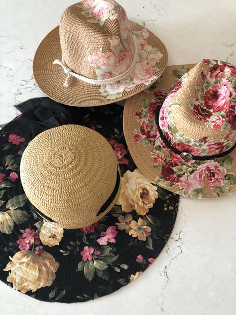 Spring Hats Diy, Straw Hats Decorating Ideas, Fabric Mod Podge, Decorated Sun Hats, Painting Straw Hats, Hat Decorating Ideas Creative, Decorate Hats Diy, Diy Straw Hat Decoration, Decorated Hats Diy