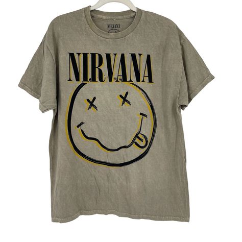 Nwot - Small Hole On Shoulder And Imperfection In Dye Around Neckline - Pictured Offically Licensed Band Tee Nirvana Nevermind Smiley Face T-Shirt In Beige Acid Wash Size Large Can Be Unisex 21" Pit To Pit 27" Top To Bottom 100% Cotton Machine Washable Tags: 80s, 90, Rock N Roll Band Tees, Concert Tee, Graphic Tee, Heavy Metal, Grunge, Metal, Hard Rock, Sludge, Alternative Music, Music Tshirt, Mtv, Daydreamer, Free People, Urban Outfitters, Hipster, Streetwear