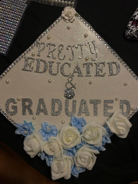 Blue And White Graduation Cap Ideas, White Graduation Cap Ideas, Light Blue Graduation Cap Ideas, Cap Decoration Graduation 8th Grade, Cap Decoration Graduation Blue, Graduation Cap Designs White, White Grad Cap Ideas, Blue Graduation Cap Ideas, Pretty Educated And Graduated Cap