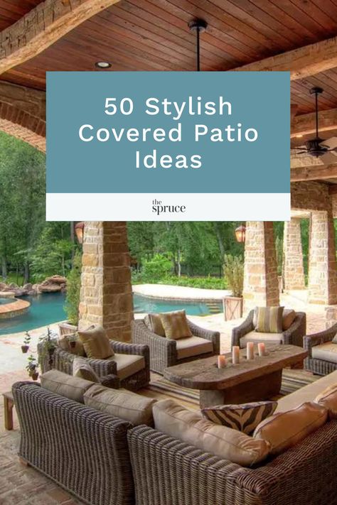 Having a well-designed patio cover is perfect touch to quiet mornings and entertaining evenings. If you've been looking for some ideas, we've rounded up plenty to help with a future project. Large Outdoor Covered Patio Ideas, Covered Porch Ideas Decorating Back, Step Down Covered Patio, Outside Living Spaces Covered Patios Backyard Ideas, Fabric Patio Cover Ideas, Back Porch Designs Covered, Covered Outdoor Patio Ideas Decor, Rustic Back Porch Ideas Covered Patios, Indoor Outdoor Living Patio