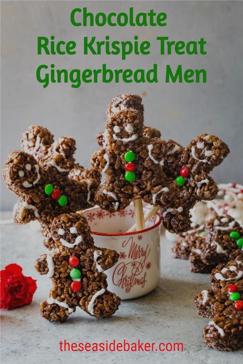 These Chocolate Rice Krispie Treat Gingerbread Men don’t just look amazing, but they taste incredible too. The whole family will love decorating (and devouring) them as this scrumptious yet simple recipe is suitable for all ages. #ricekrispietreat #gingerbreadmen #christmas Gingerbread Rice Crispy Treats, Rice Krispie Christmas, Santa Desserts, Krispie Treats Christmas, Rice Krispie Treats Christmas, Bingo Christmas, Xmas Goodies, Cocoa Krispies, Chocolate Rice Krispie Treats