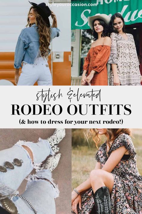 Wondering what to wear to a rodeo? Learn all about rodeo attire and get chic and stylish rodeo outfit ideas for women! You’ll love these casual and dressed-up western looks with jeans, shorts, dresses, and skirts. Whether you are looking for NFR outfits for Vegas cowgirl fashion, or if you just want a cute rodeo look for summer or fall, you’ll love this list of rodeo outfits! Rodeo Outfits Skirt, Cowgirl Outfits For Women Western Wear, Summer Rodeo Outfits, Vegas Cowgirl, Chic Western Outfits, Nfr Outfits For Vegas Cowgirl Fashion, Nfr Outfits For Vegas, Rodeo Outfit Ideas, Outfits For Vegas