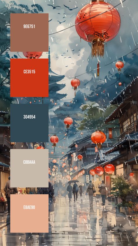 Colors:
9E6751 ° CE3515 ° 304954 ° C8BAAA ° E8AE90 Chinese Color Palette Inspiration, Pantone Color Schemes, Asian Color Palette, Character Palette, Chinese Color Palette, Blue Complementary Color, Colour Harmony, Lanterns Hanging, Scene Illustration