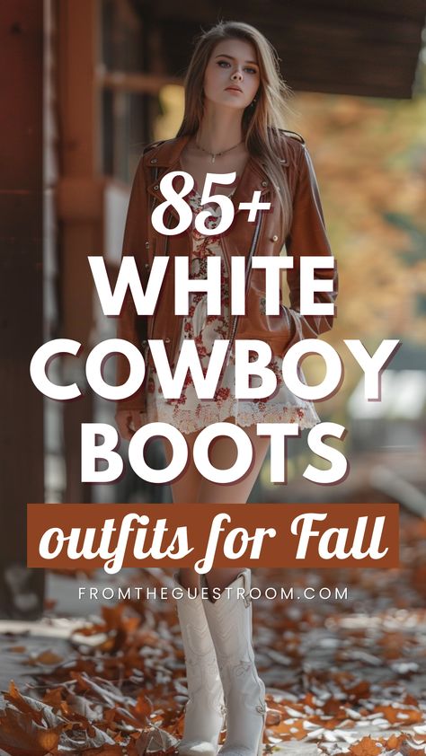 a woman wears white cowboy boots for fall, western outfits Ankle Cowboy Boots White, White Boot Outfit Winter, White Jeans Cowboy Boots, Women’s White Cowboy Boots, Plus Size White Boot Outfit, White Tall Cowboy Boots Outfit, Ivory Cowboy Boots Outfit, White Cowboy Boots Outfits, Fall White Boots Outfit