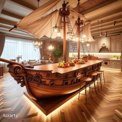 Pirate Ship Kitchen Islands 🏴‍☠️🍽️🚢 #PirateGalley #NauticalCuisine #SwashbucklingFeasts Set sail for culinary adventures with Pirate Ship Kitchen Islands. These unique kitchen fixtures bring nautical charm to your home, transforming meal preparation into a swashbuckling experience. Elevate your kitchen with Pirate Ship Kitchen Islands, where every meal becomes a voyage through the high seas of flavor. 🌊⚔️✨ Traditional Kitchen Island, Concept Furniture, Nautical Kitchen, Kids Bedroom Storage, Small Modern House Plans, Luxury House Interior Design, Creative Concept, Rustic Kitchen Design, Living The Life