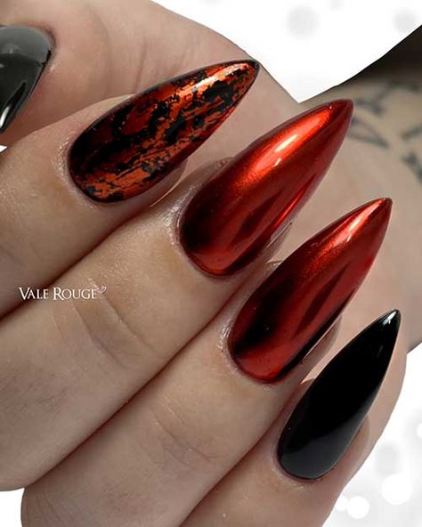 Red Chrome and Black Nails Black And Red Chrome Nails, Chrome And Black Nails, Holographic Chrome Nails, Chrime Nails, Nail Design Red, Chrome Nail Design, Red And Black Nails, Black Chrome Nails, Red Chrome Nails