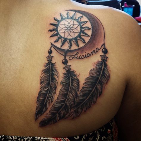 dreamcatcher moon sun feathers tattoo Raven Dream Catcher Tattoo, Sun Moon Dreamcatcher Tattoo, Sun Dream Catcher Tattoo, Sun And Moon Dreamcatcher Tattoo, Dream Catcher Tattoo Back, Moon Dreamcatcher Tattoo, Kid Tattoos, Feathers Tattoo, Dream Catcher Tattoo Design