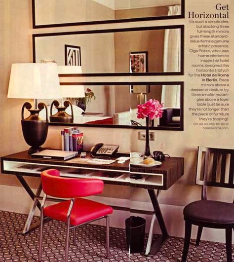 3 body length mirrors hung horizontally above a desk or entry way sideboard- brilliant! Horizontal Mirrors, Mirror On The Wall, Viria, Tiny Apartment, A Mirror, My New Room, Apartment Living, 인테리어 디자인, Design Interior