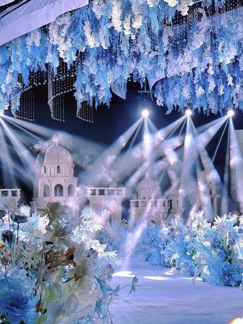 Debut Blue Theme, Ceiling Draping Wedding, Princess Wedding Theme, Reception Ceiling, Debut Theme, Frozen Wedding, Blue Wedding Decorations, Birthday Night, Wedding Ceiling